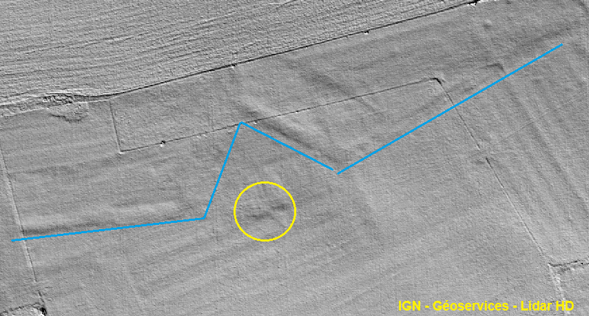 Ligne Maginot - CEZF-6 - BOIS DE HOCHWALD - (Blockhaus lourd type STG / STG-FCR - Double) - Vue de modélisation numérique du terrain à partir des fichiers lidar. Le tracé du fossé et de son redan, ainsi que les restes de fouilles sont visibles. - Jean-Michel Jolas