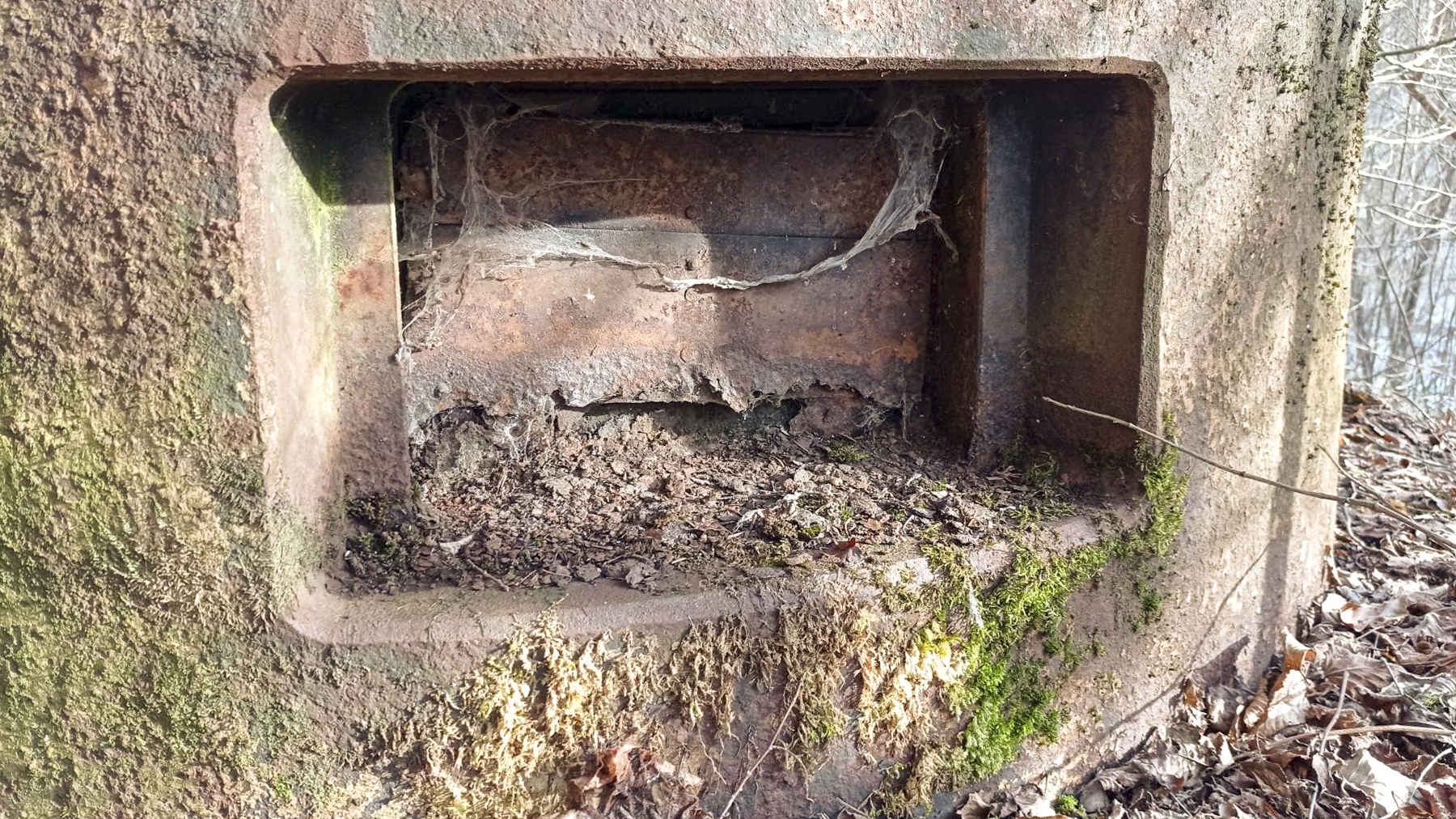Ligne Maginot - FROHMUHL (PC DU QUARTIER KAPELLENHOF - II/153° RIF) - (Abri) - Un créneau de la cloche Guetteur Fusil Mitrailleur du coffre d'entrée Ouest .Un volet rabattable temps de paix y est encore présent.  - Baptiste Gaudin