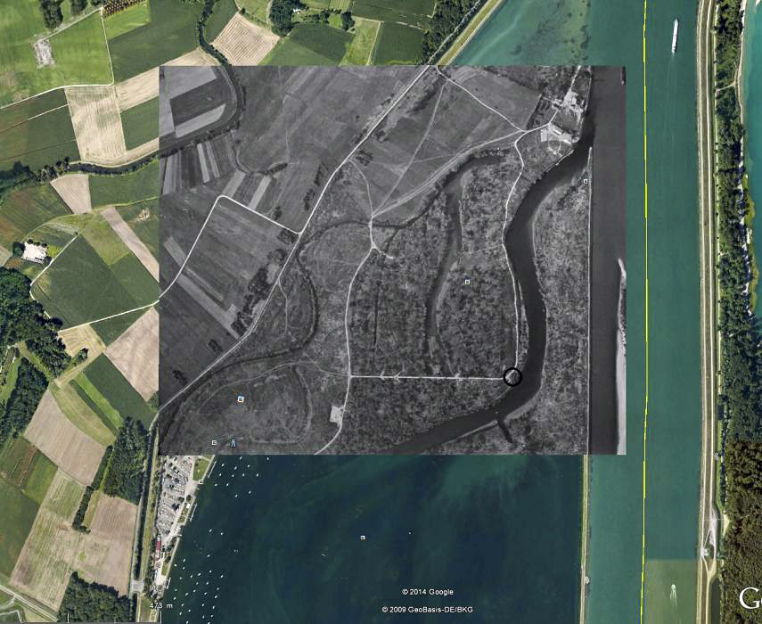 Ligne Maginot - 3 - GEISSENGIESSEN - (Casemate d'infanterie - Simple) - Superposition sur Google Earth montrant la position du bloc par rapport au plan d'eau de Plobsheim - Google Earth + IGN Geoportail