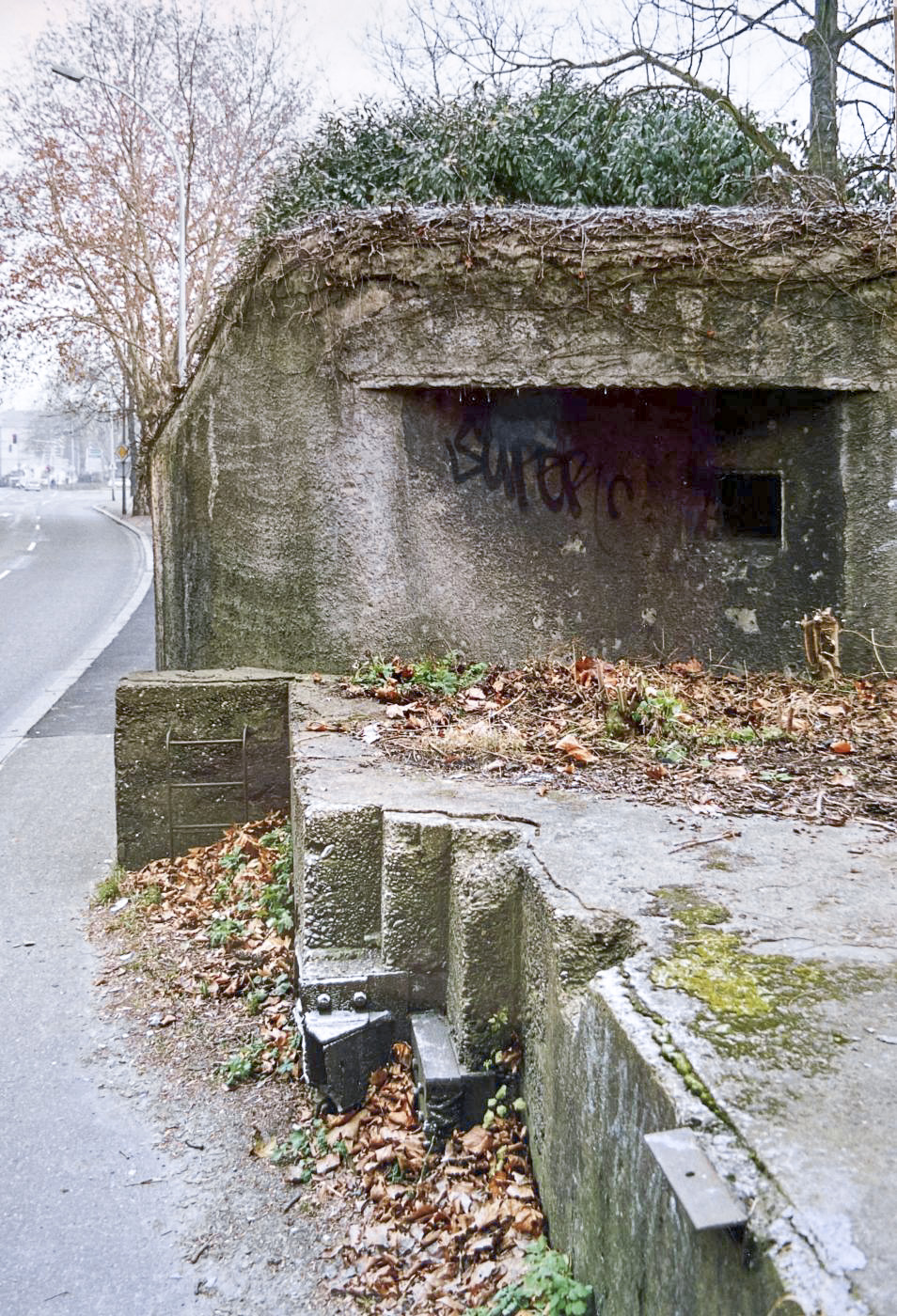 Ligne Maginot - ROUTE DU RHIN  - (Barrage de Route) - Vue des ancrages coté sud avec le blockhaus de couverture - Jean-Louis NOSPELD