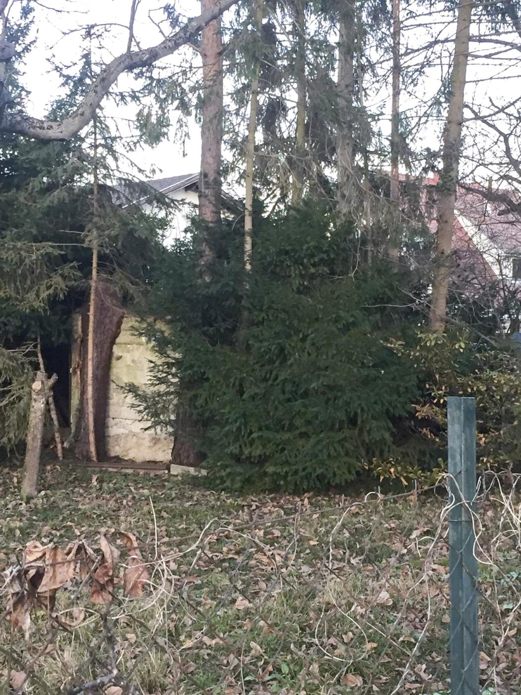 Ligne Maginot - LA COLONNE 2 - (Blockhaus pour arme infanterie) - Blockhaus au fond du jardin dans une propriété privée. À chaque coin du blockhaus un sapin à été planté, il bien caché. Seul un côté est bien visible avec les traces horizontales du coffrage encore imprimé dans le béton. - THEILLER François 