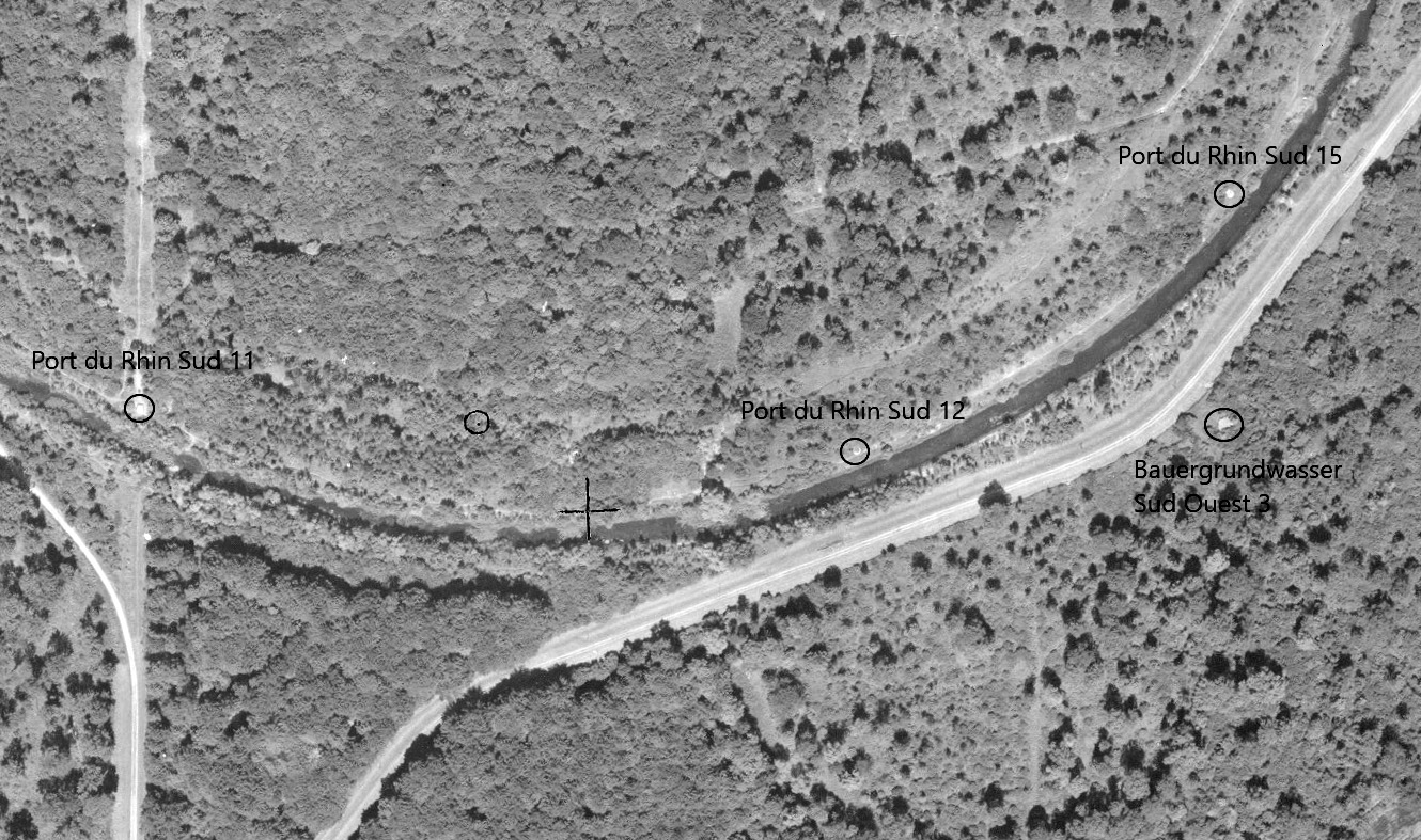 Ligne Maginot - Les blockhaus Port du Rhin Sud 11, 12, 15 et Bauergrundwasser Sud-Ouest - Les blockhaus Port du Rhin Sud 11, 12, 15 et Bauerngrundwasser Sud-Ouest - IGN - Géoportail 1950