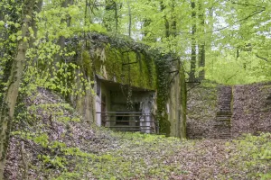 Ligne Maginot - BOIS D'ESCHERANGE - X3 (QUARTIER KANFEN - I/169°RIF) - (Abri) - Coffre d'entrée droite.
Noter les supports d'antenne et l'escalier extérieur