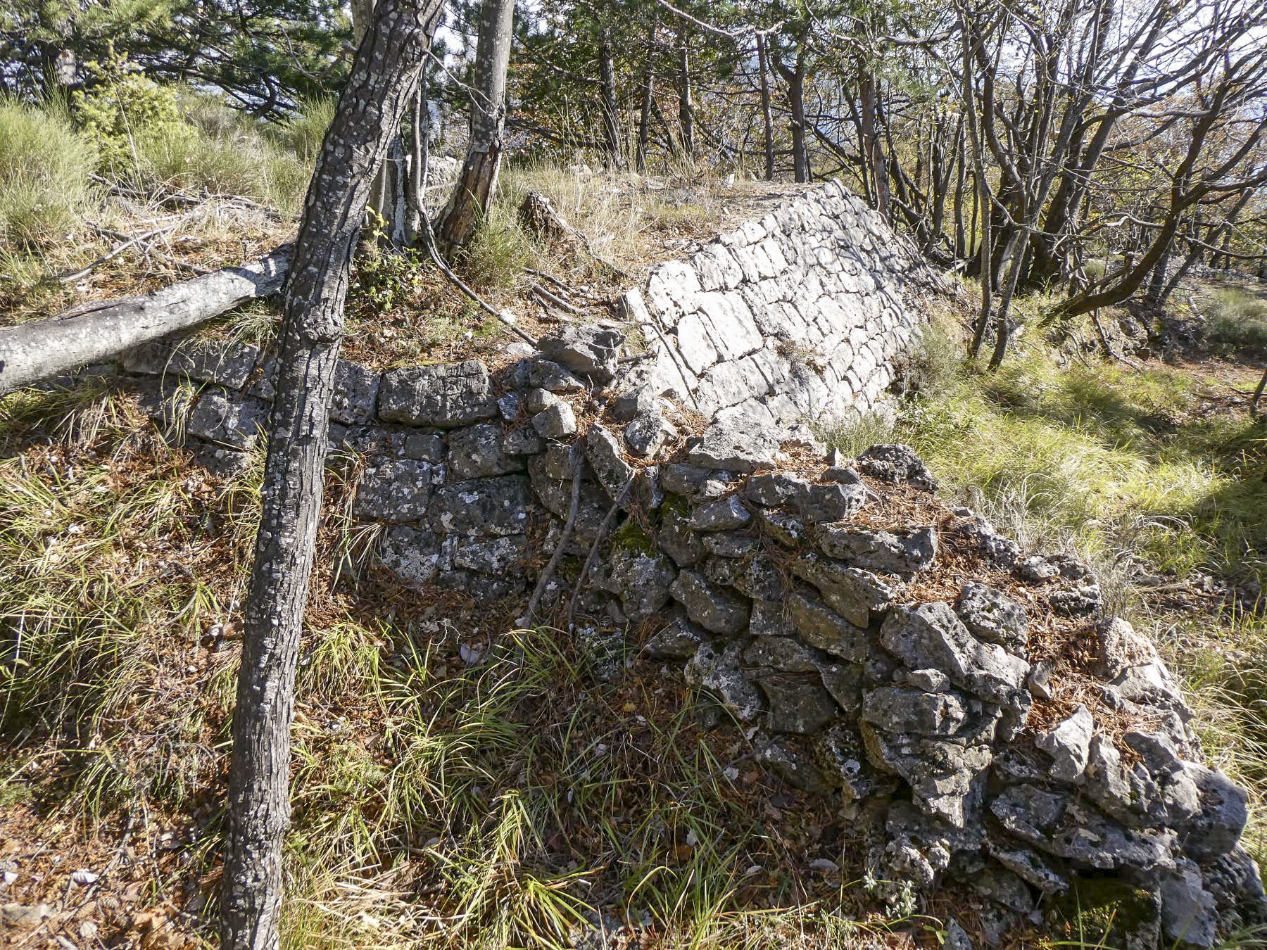 Ligne Maginot - PIC DE GARUCHE 3 - (Cuve pour arme d'infanterie) - Cuve 1
Départ de la tranchée qui mène à la cuve, avec rajout d'un mur de protection en pierres sèches. - ELLENA - CUNY