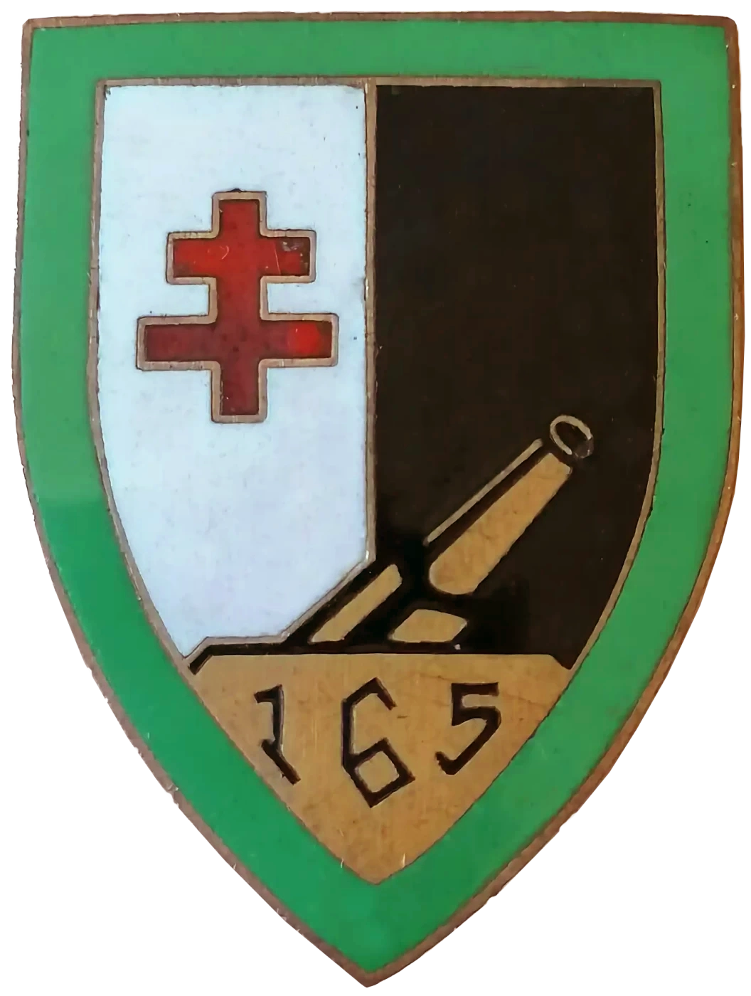Ligne Maginot - 165° Régiment d'Artillerie de Position (165° RAP) - Insigne du 165° RAP réalisé par le graveur-éditeur Serge Planchot. La croix de Lorraine en rouge ainsi que le blanc et le noir, rappellent l’appartenance du régiment à la ville de Metz. Il est livré à partir d’avril 1940 aux artilleurs du 165° RAP
