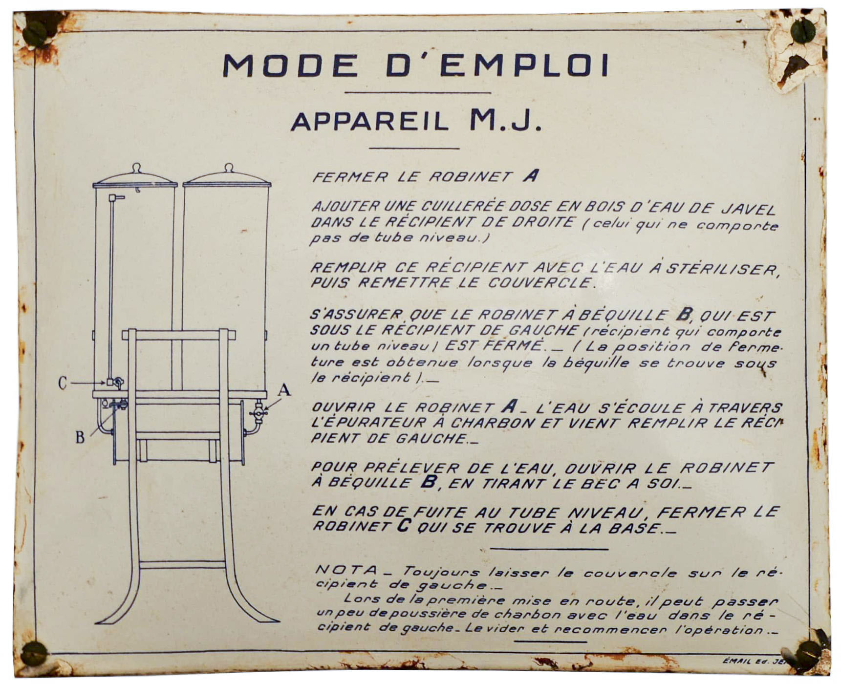 Ligne Maginot - Appareil M.J. - Mode d'emploi de l'appareil MJ sous forme de plaque emaillée